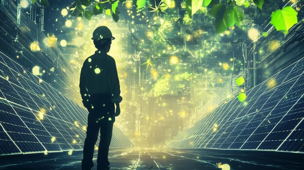 A split image showing contrasting career paths: on one side, a data scientist working with machine learning algorithms; on the other, a renewable energy engineer inspecting solar panels in a field.